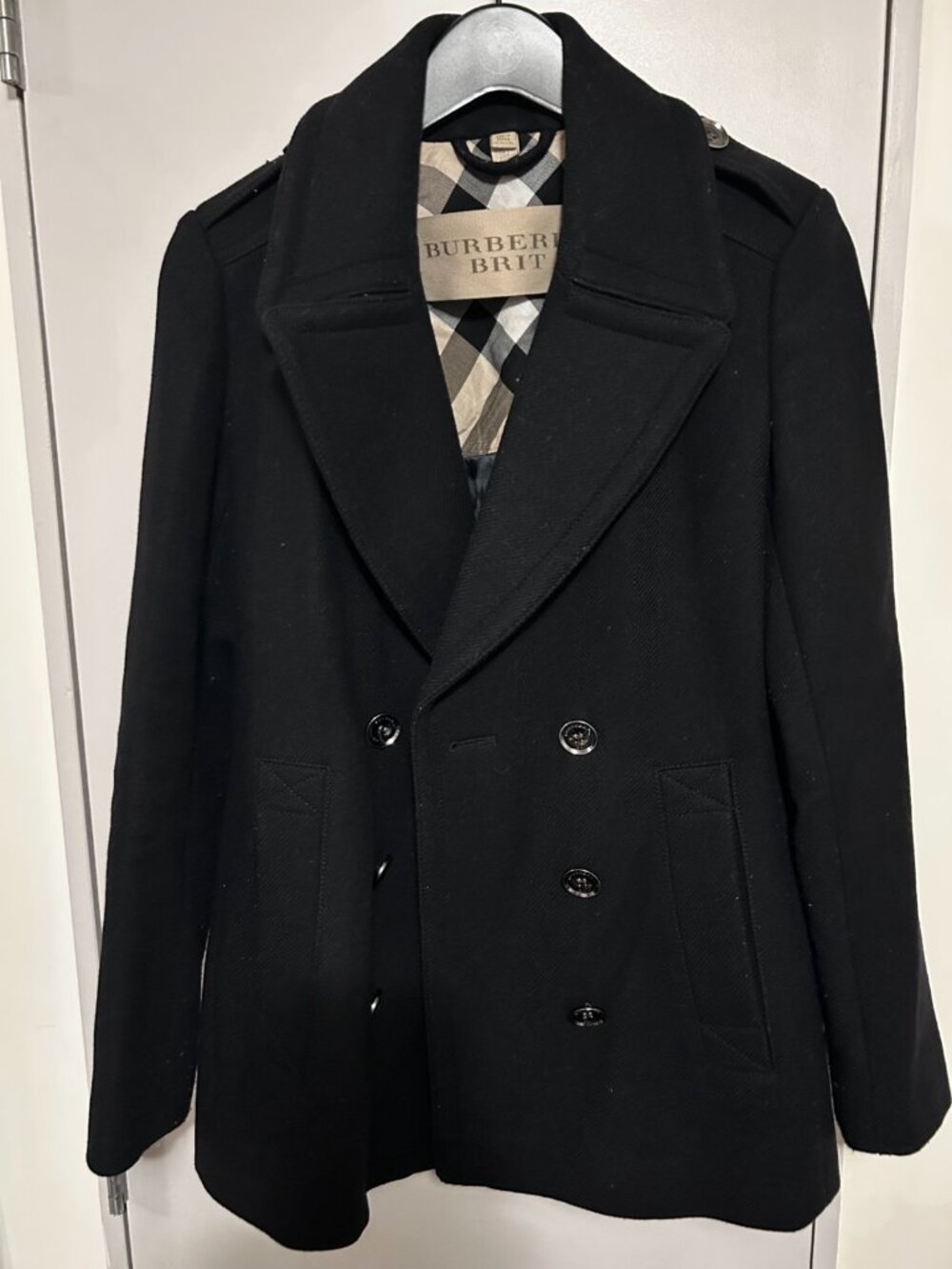 Burberry Brit Black Double Breasted Wool Peacoat Nova Check Lining Women's 2